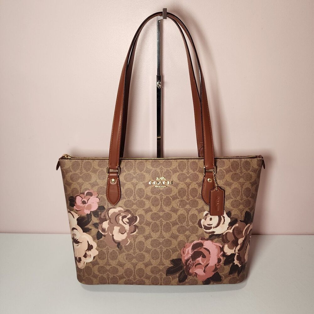 Nwt Coach Cz180 Signature Rose Gallery Tote Top Zip Handbag Tan Multi